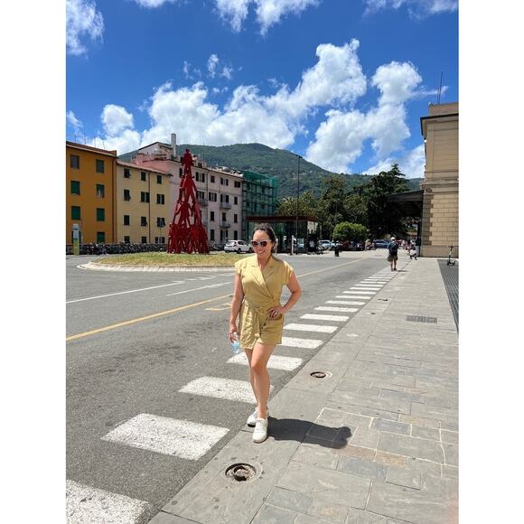 TOCCIN X RTR Khaki Brown Linen Blend Belted Utility Sarong Romper Size 10 - Picture 15 of 16